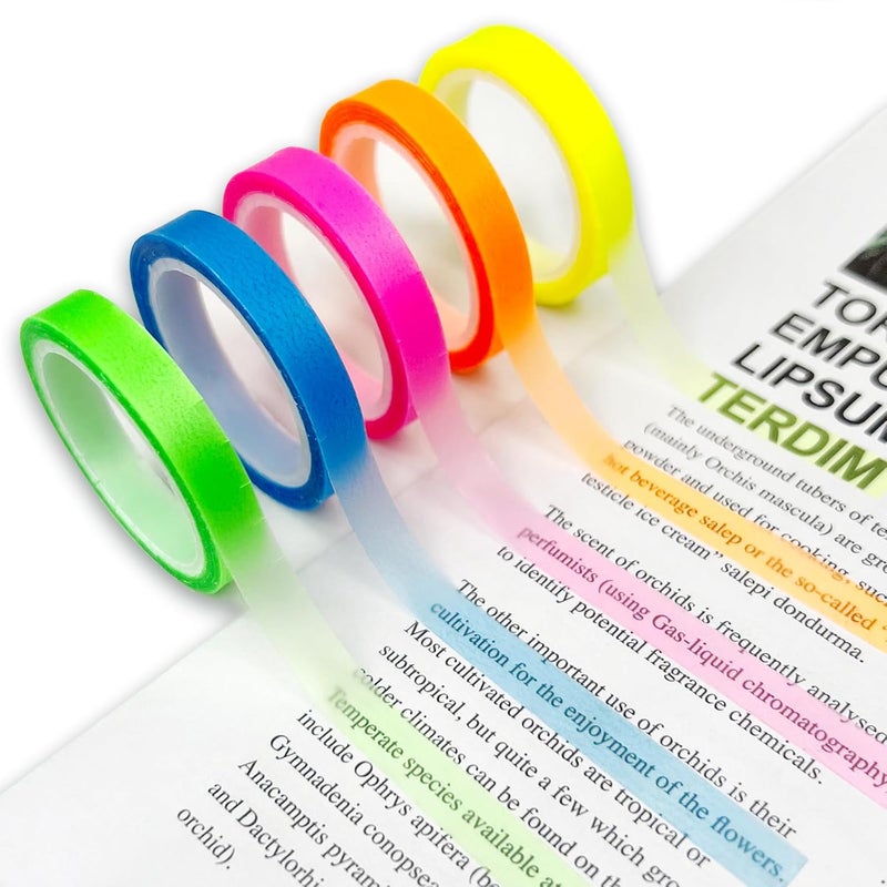 Ceemiaa 5 Rolls Fluorescent Highlighter Tape – Transparent Removable Neon Marking Sticker for Books, Notes & Labels – Writable PET Annotation Strips for Study, Office & Home - Image 1